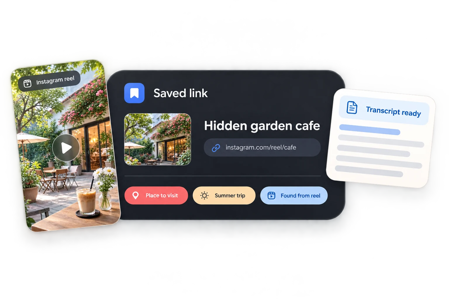 Saved Instagram link with preview, transcript, source, and tags
