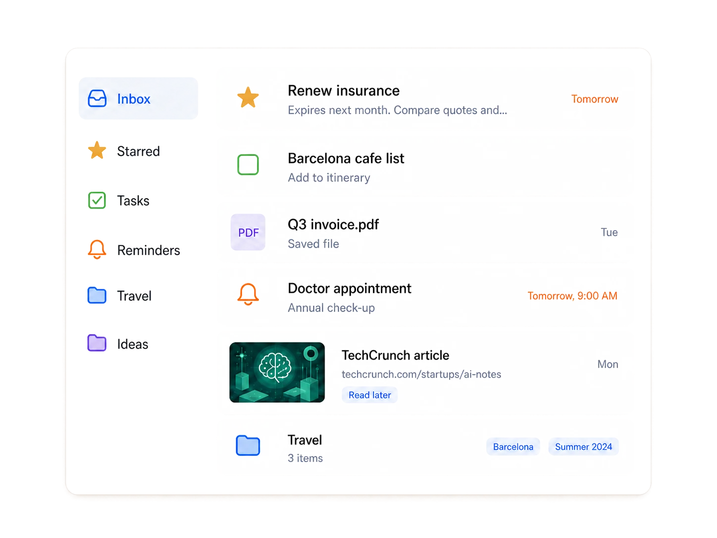 Luckynote organization view with inbox, starred items, tasks, reminders, folders, and tags