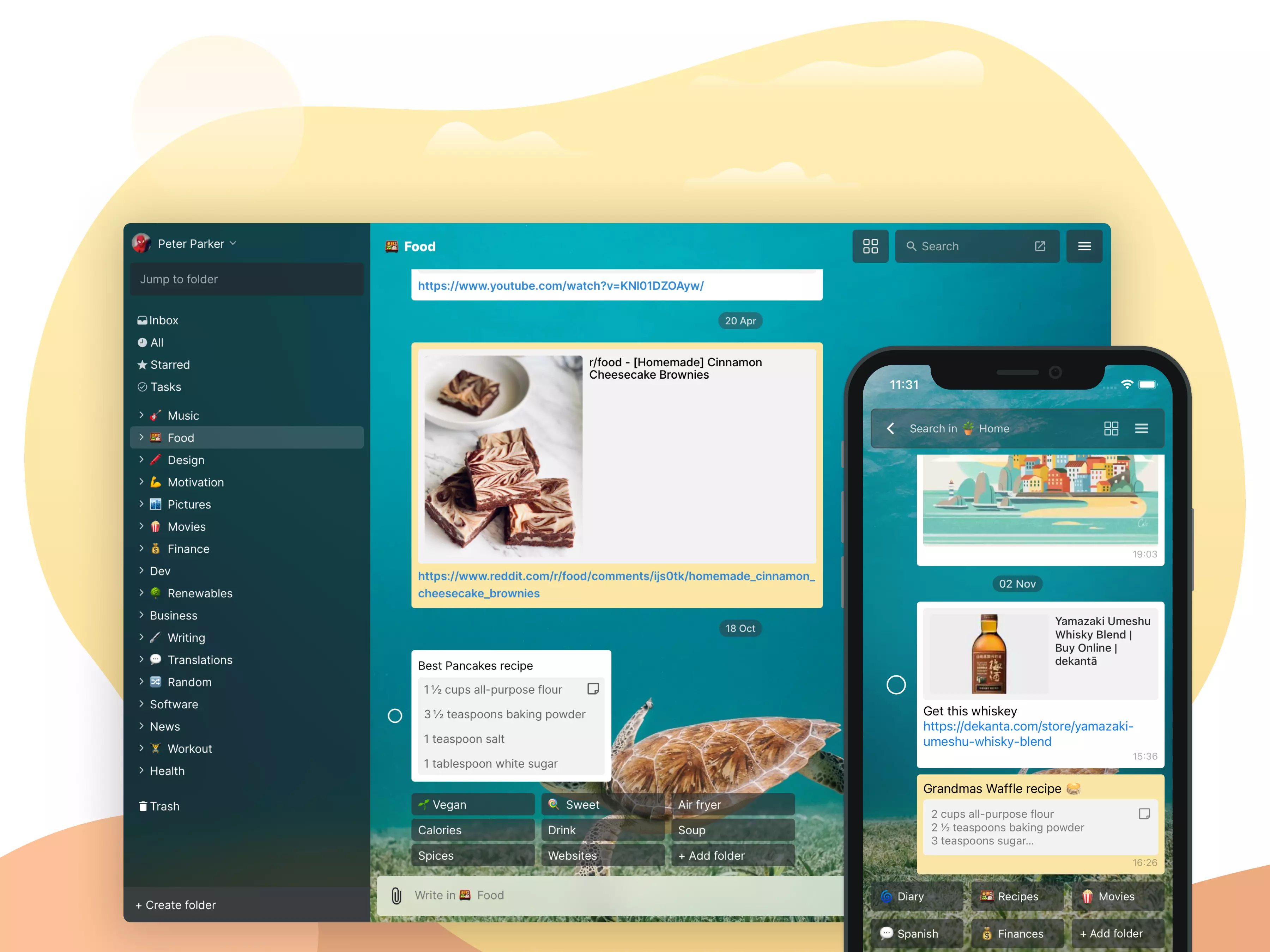 Luckynote app: chat with saved link, task checkbox, and search