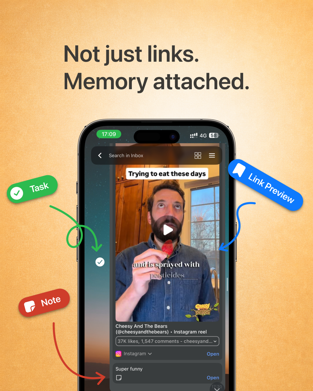 Luckynote app showing notes, folders and searchable saved items