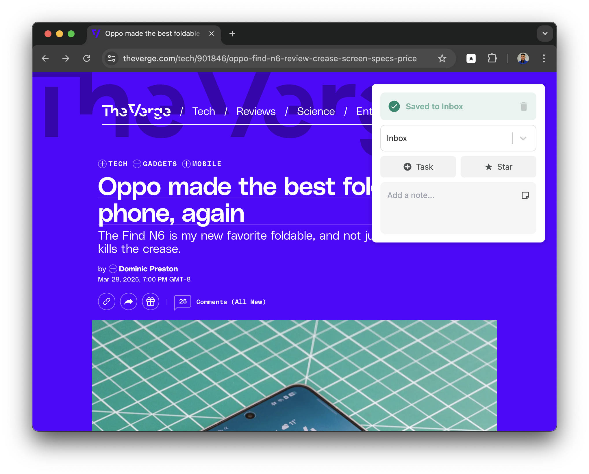 Luckynote browser extension saving a link from The Verge
